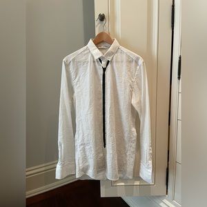 Neil Barrett Button Down crinkle affect shirt with painted motif black tie.